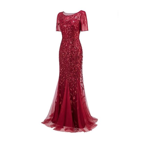 NEW! Slim Fit Evening Formal Mermaid Sheer Red Maxi Dress Sequin Leaves Sz. M - Picture 5 of 8